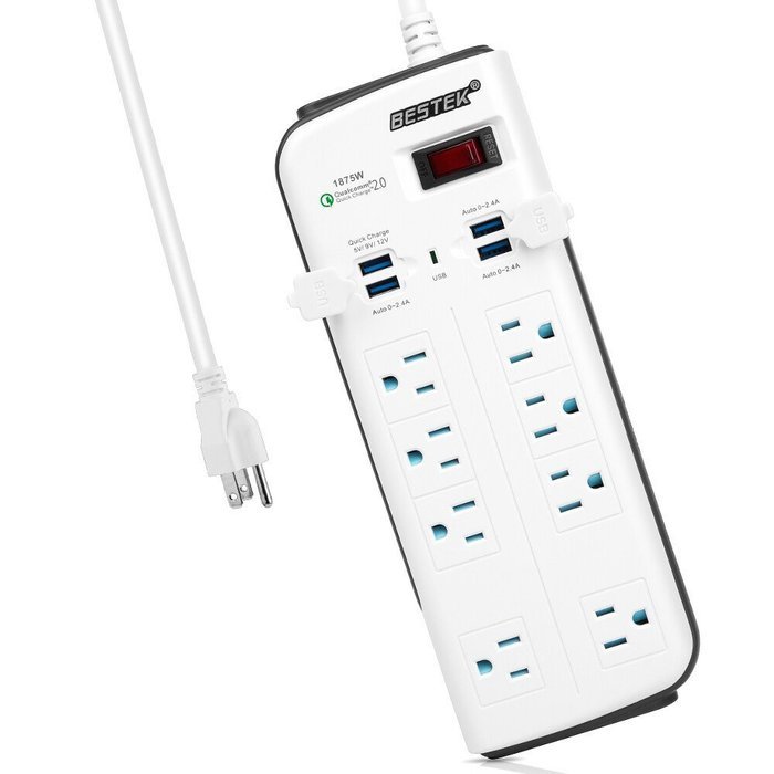 BESTEK 8-Outlet Surge Protector Power Strip 6.6-Foot with 7.5A 4-Port USB Charging Station N6