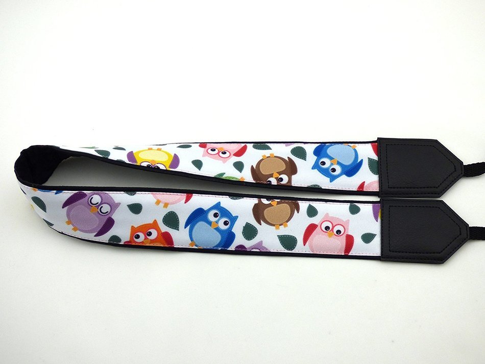 Owl camera strap. Colorful bird camera strap. Black DSLR / SLR Camera Strap. code 00026 N3