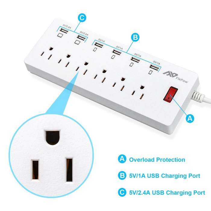 Power Strip, FlePow 1625W/13A 6-Outlet Surge Protector with 6 USB Charging Ports + 18 Pin Retractable Cable for... N11