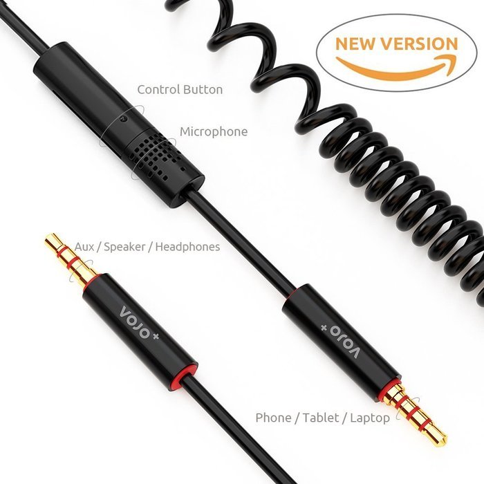 VOJO (2 Pack) 3.5mm Auxiliary Audio Cable 6ft Coiled Aux Cord for Car with Male to Male Gold Plated Jack, Tangle-free... N24