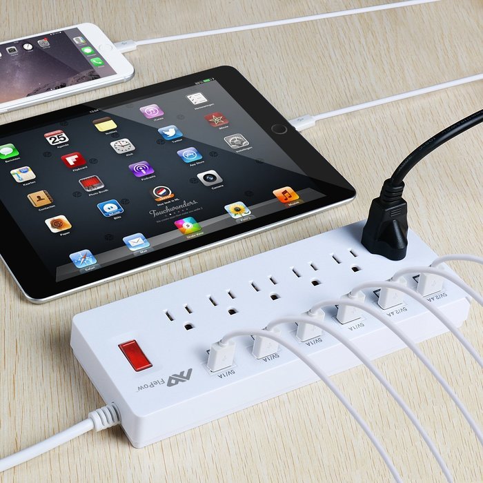 Power Strip, FlePow 1625W/13A 6-Outlet Surge Protector with 6 USB Charging Ports + 18 Pin Retractable Cable for... N13