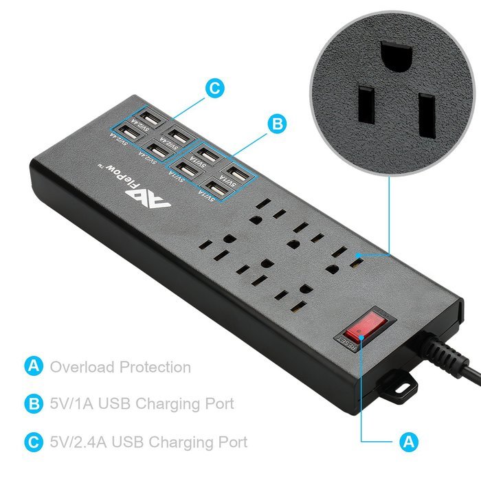Power Strip, FlePow 1625W/13A 6-Outlet Surge Protector with 6 USB Charging Ports + 18 Pin Retractable Cable for... N15