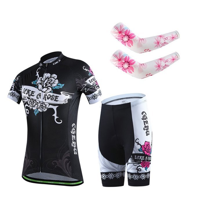 Ophelia Women Short Sleeve Cycling Jersey Pant Set+arm Sleeves(Skull,S) N27