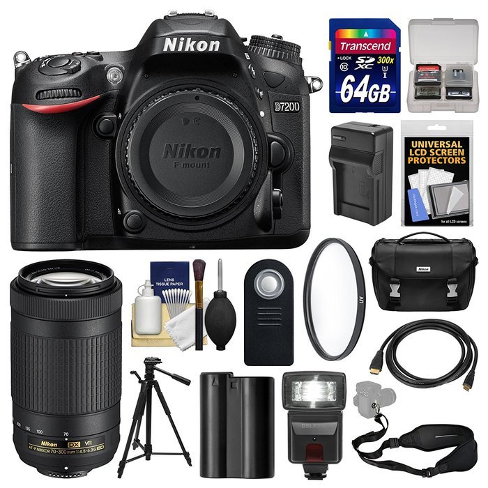 Nikon D7200 Wi-Fi Digital SLR Camera Body with 70-300mm VR AF-P Lens + 64GB Card + Case + Flash + Battery & Charger...