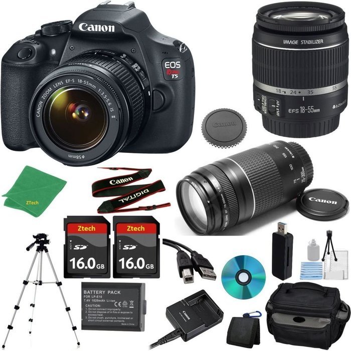 Canon EOS Rebel T5 Camera with 18-55mm IS Lens + 75-300mm III Zoom + 2pcs 16GB Memory + Camera Case + Memory Card...