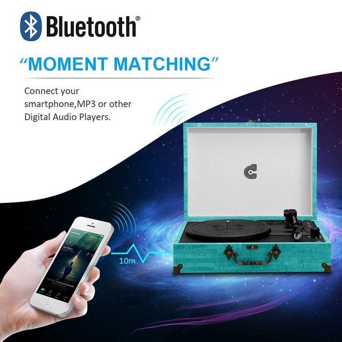 CMC Portable Bluetooth 3 Speed Turntable with Built in Stereo Speakers, Vintage Style Vinyl Record Player, Turquoise N7