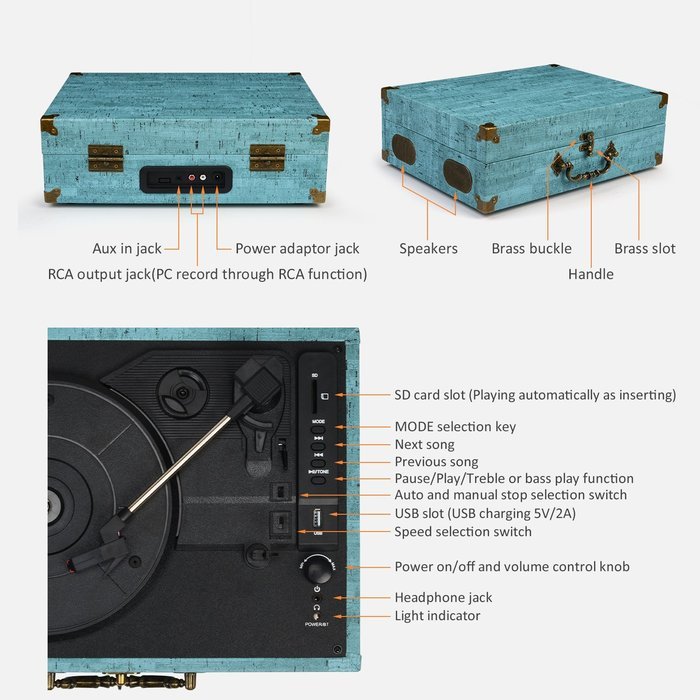 CMC Portable Bluetooth 3 Speed Turntable with Built in Stereo Speakers, Vintage Style Vinyl Record Player, Turquoise N8