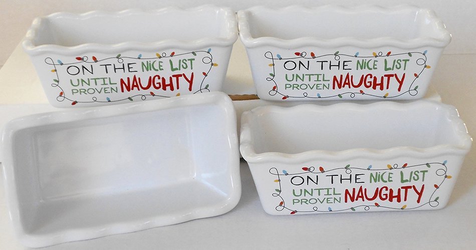 Christmas Stoneware Mini Loaf Pans - 4 Pan Bundle with Scalloped Edges ('On the Nice List Until Proven Naughty... N5