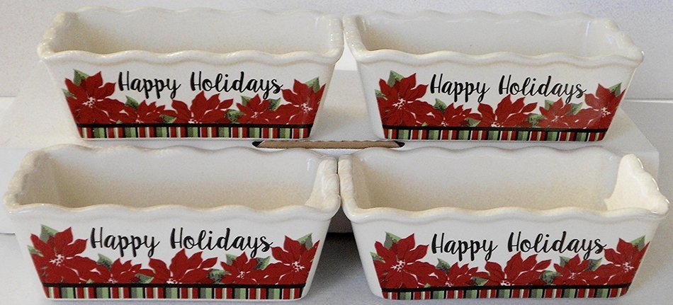 Christmas Stoneware Mini Loaf Pans - 4 Pan Bundle with Scalloped Edges ('On the Nice List Until Proven Naughty... N6