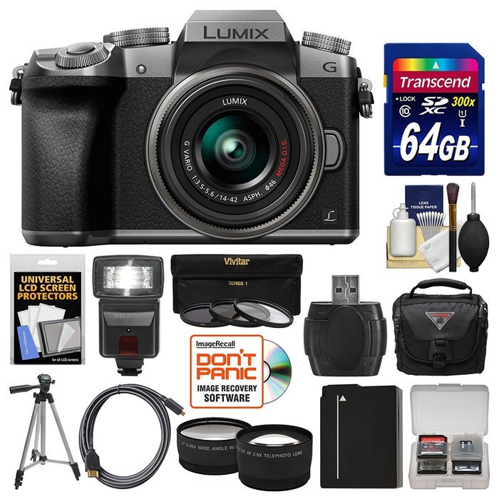 Panasonic Lumix DMC-G7 4K Wi-Fi Digital Camera & 14-42mm Lens (Silver) with 64GB Card + Case + Flash + Battery... N2