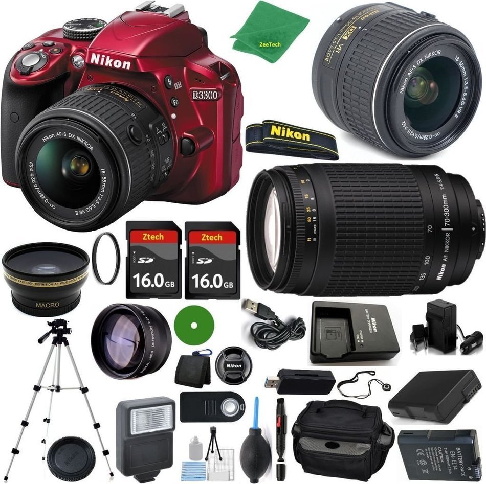 Nikon D3300 Red - International Version (No Warranty), 18-55mm f/3.5-5.6 DX VR, Nikon 70-300mm f/4-5.6G, 2pcs... N2