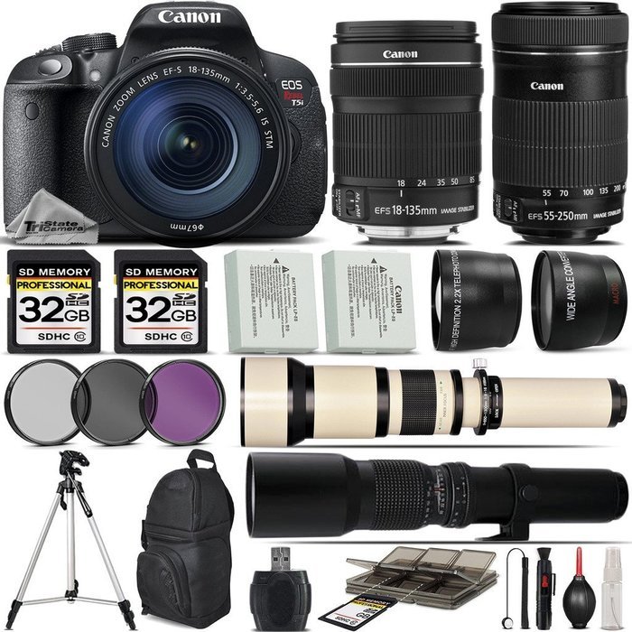Canon EOS Rebel T5i DSLR Camera + Canon 18-135mm STM Lens + Canon 55-250mm Lens+ 0.43X Wide Angle Lens + 2.2x...