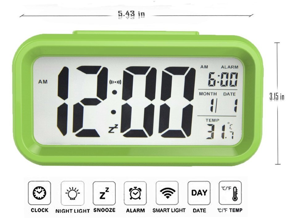 Shouldbuy Green Backlight Calendar Function Light Control Time LED Digital Alarm Clock N3