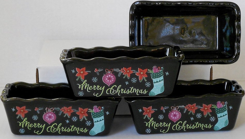 Christmas Stoneware Mini Loaf Pans - 4 Pan Bundle with Scalloped Edges ('On the Nice List Until Proven Naughty... N7