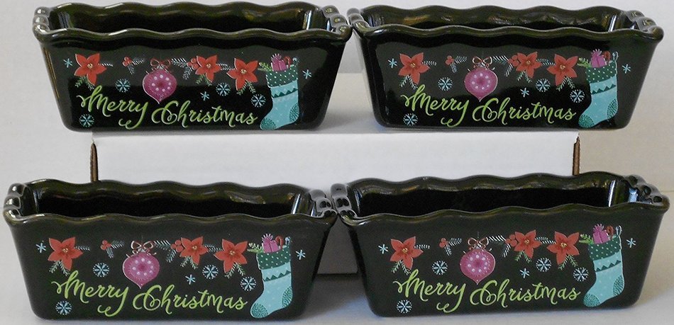 Christmas Stoneware Mini Loaf Pans - 4 Pan Bundle with Scalloped Edges ('On the Nice List Until Proven Naughty... N8