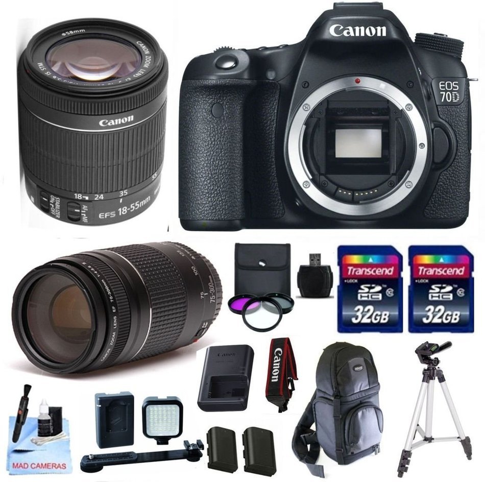 Canon 70D + Canon 18-55mm IS STM + Canon 75-300mm III Telephoto Lens + 2 32GB Transcend SD Memory Cards + LED...