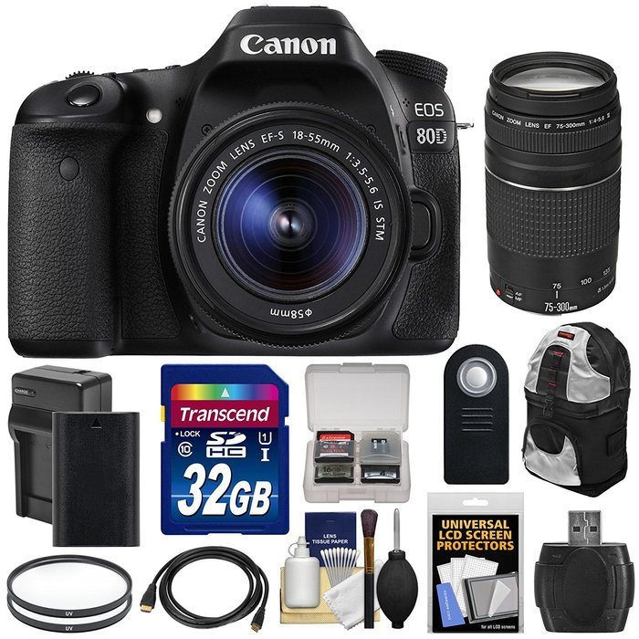 Canon EOS 80D Wi-Fi Digital SLR Camera & EF-S 18-55mm IS STM with 75-300mm III Lens + 32GB Card + Battery & Charger...