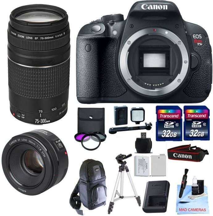 Canon EOS T5i + Canon 75-300mm III + Canon 50mm f/1.8 STM + 2 32GB Transcend SD Memory Cards + LED Video Light...
