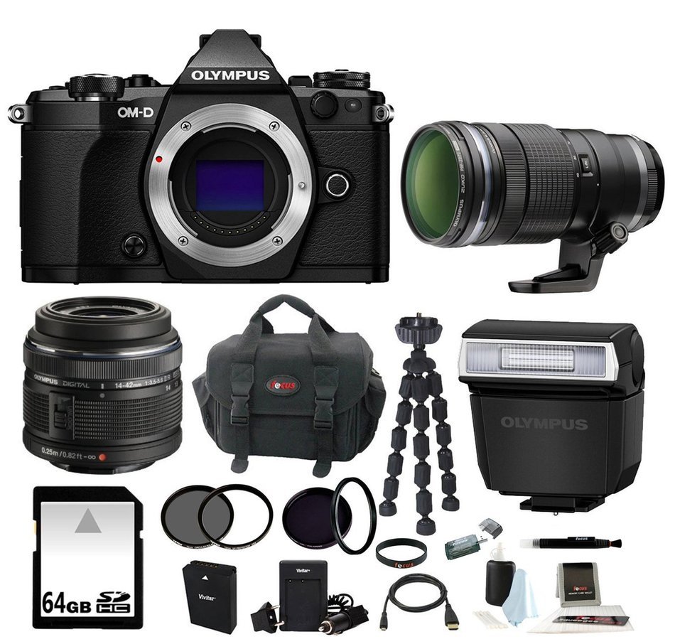 Olympus OM-D E-M5 Mark II Camera Body Black, Olympus FL-LM3 Flash with 14-42 and 40-150 2.8 Lens Kit N5