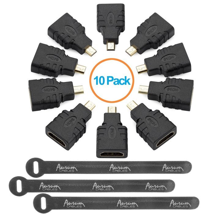 Aurum Cables Right Angle L Shape HDMI Male to HDMI Female Adapters - Black - Pack of 5 + 3 Cable Ties N20