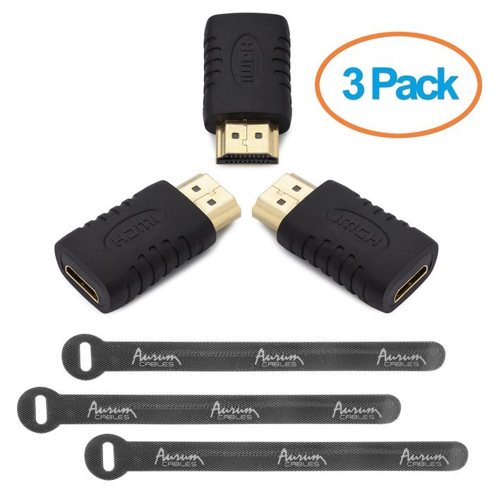 Aurum Cables Right Angle L Shape HDMI Male to HDMI Female Adapters - Black - Pack of 5 + 3 Cable Ties N24