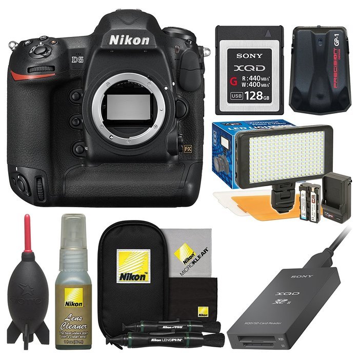 Nikon D5 Digital SLR Camera Body (Dual XQD Slots) with 128GB Card + Reader + Video Light Set + GPS Adapter + Cleaning... N3