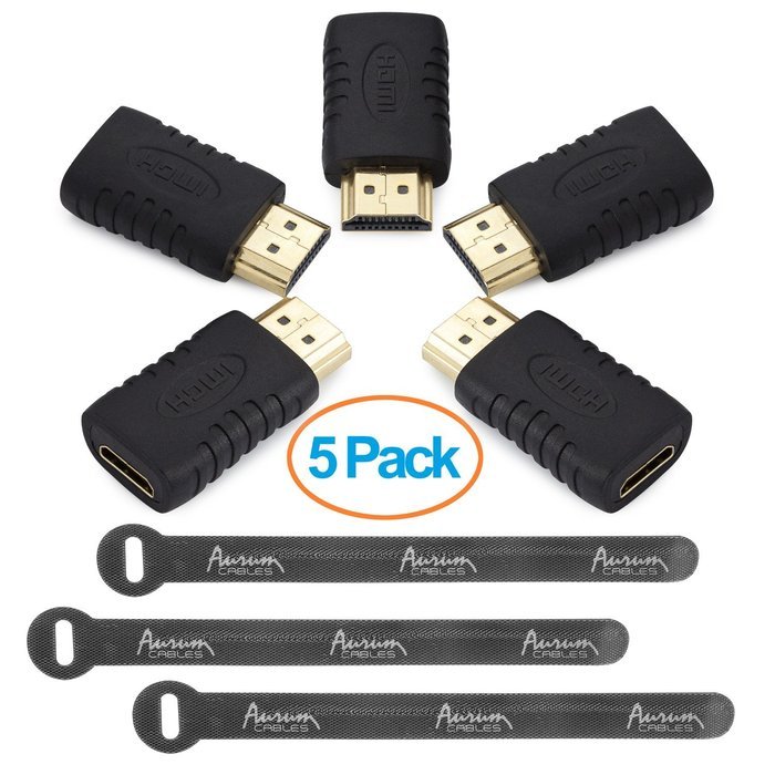 Aurum Cables Right Angle L Shape HDMI Male to HDMI Female Adapters - Black - Pack of 5 + 3 Cable Ties N26
