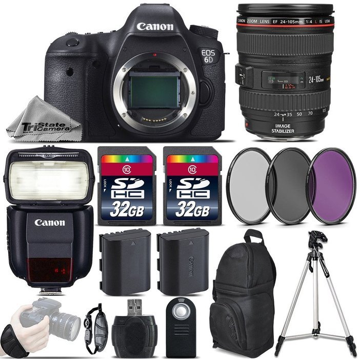 Canon EOS 6D DSLR Camera + Canon 24-105mm IS USM Lens + Speedlite 430EX III RT + 64GB Storage + Backup Battery...