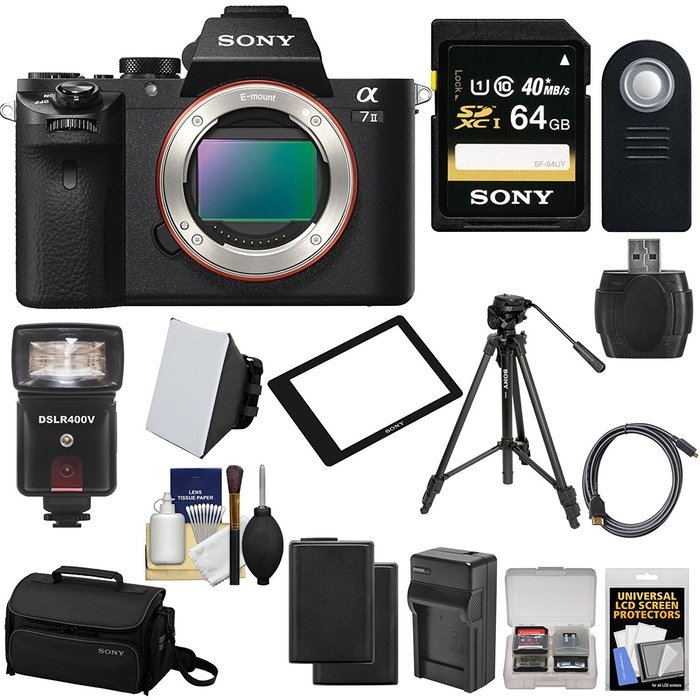 Sony Alpha A7 II Digital Camera Body with 64GB Card + Case + Tripod + 2 Batteries & Charger + Flash + Kit N2