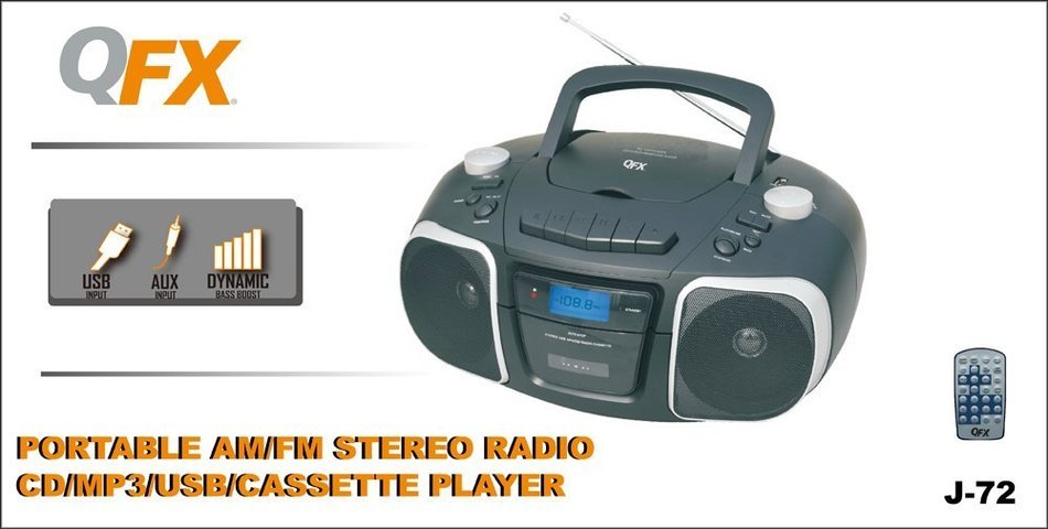 QFX J-72 Portable Top-loading CD/Cassette/MP3 Stereo Player and AM/FM Radio N2