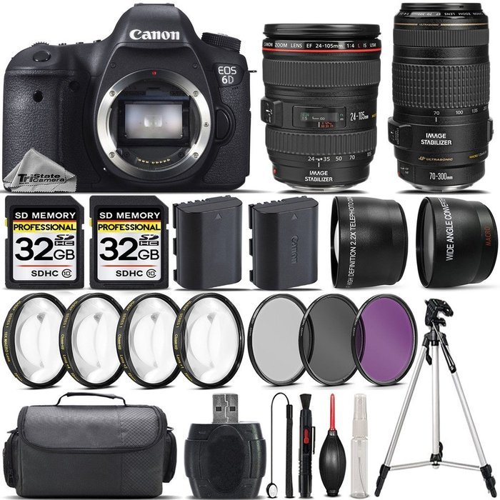 Canon EOS 6D DSLR Camera + Canon 24-105mm IS USM Lens + Canon 70-300mm IS USM Lens + 0.43X Wide Angle Lens + 2.2x...