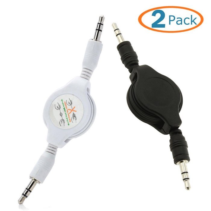 HTTX Auxiliary Retractable 3.5mm Male to Male Stereo Audio Extension Cable Cord (1 Black, 1 White) N3