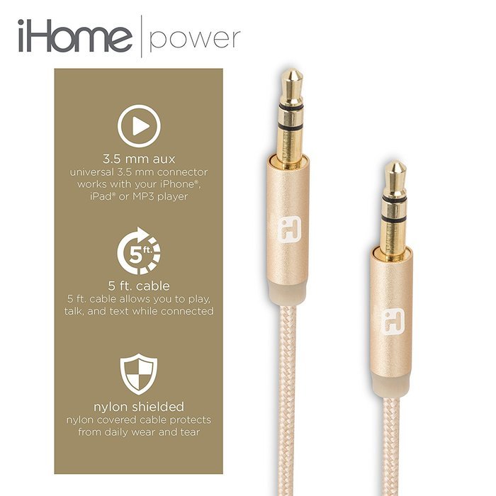 iHome - 5' Aluminum Braided Audio Aux Cable &ndash; 3.5mm 1/8&rdquo; Male to Male for Home & Car &ndash; iPhone, Android, Computer... N3