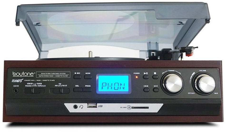 Boytone BT-17DJM-C 3-Speed Stereo Turntable, 2 Built in Speakers Digital LCD Display AM/FM, USB/SD/AUX+ Cassette... N2
