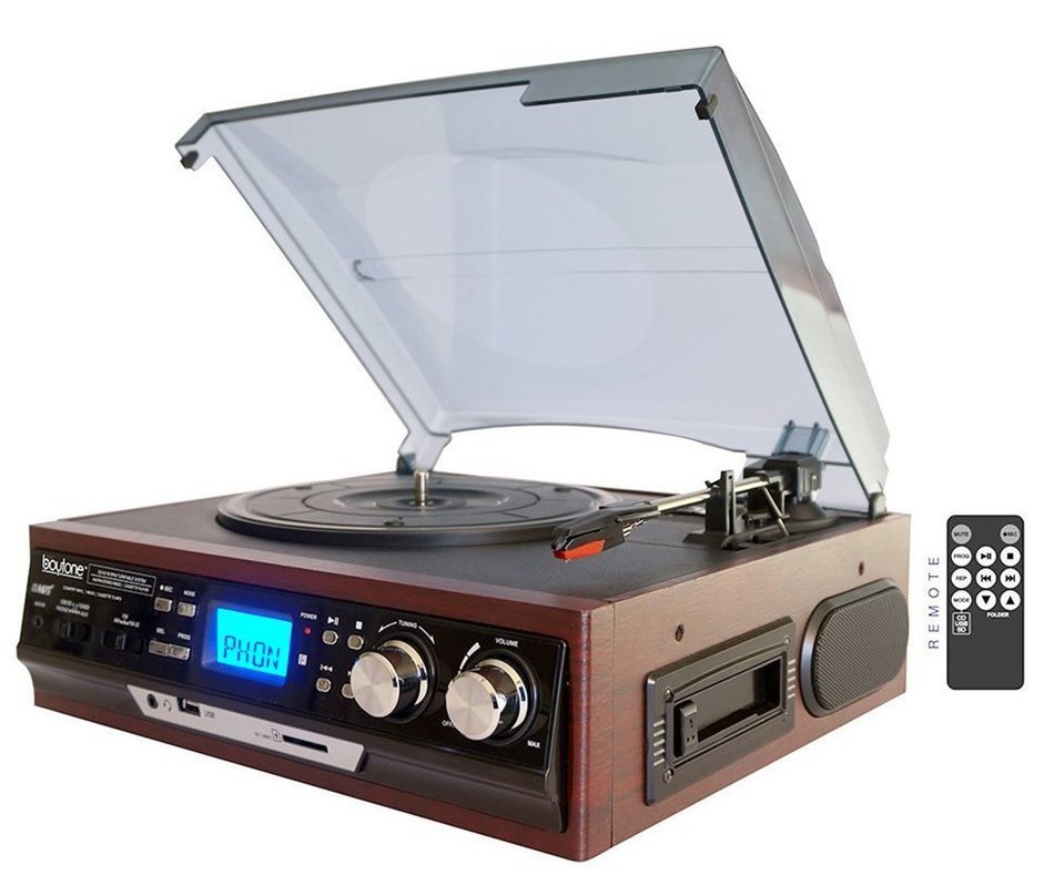 Boytone BT-17DJM-C 3-Speed Stereo Turntable, 2 Built in Speakers Digital LCD Display AM/FM, USB/SD/AUX+ Cassette... N3