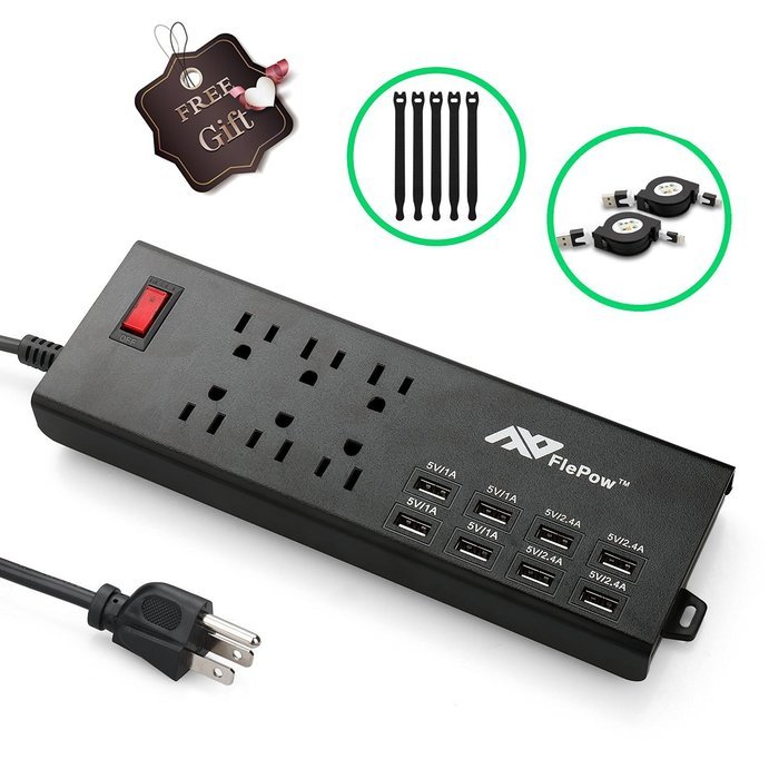 Power Strip, FlePow 1625W/13A 6-Outlet Surge Protector with 6 USB Charging Ports + 18 Pin Retractable Cable for... N20