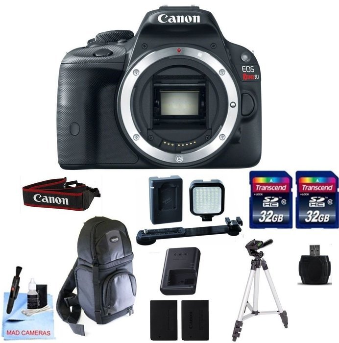 Canon EOS REBEL SL1 Body Only + 2 32GB Transcend SD Memory Cards + Spare LP E12 Battery + LED Video Light Kit...