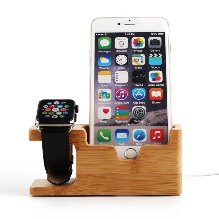 TuoP@Cell Phone Charger Dock with Watch Holder Desk Wooden Charging Stand 2 in 1 Bamboo Charging Stand Support... N2