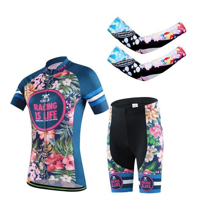Ophelia Women Short Sleeve Cycling Jersey Pant Set+arm Sleeves(Skull,S) N79