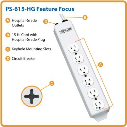 Tripp Lite 4 Outlet Medical-Grade Power Strip, UL1363 NOT for Patient-Care Vicinity, 15ft Cord w/ 5-15P-HG Plug... N4