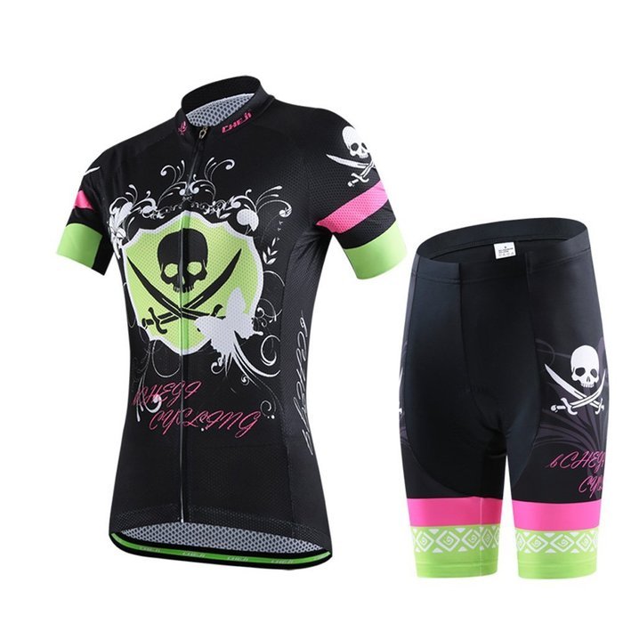 Ophelia Women Short Sleeve Cycling Jersey Pant Set+arm Sleeves(Skull,S) N83