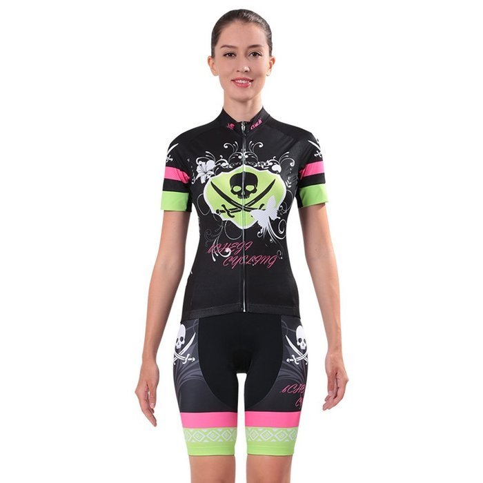 Ophelia Women Short Sleeve Cycling Jersey Pant Set+arm Sleeves(Skull,S) N85