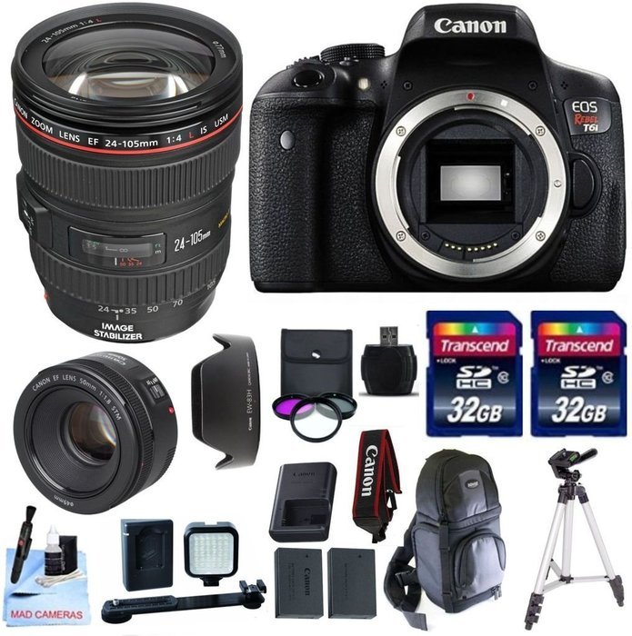 Canon EOS T6i DSLR Camera Kit + Canon EF 24-105mm L (Glass Element) Lens + 50mm 1.8 STM Video / Portrait Lens...