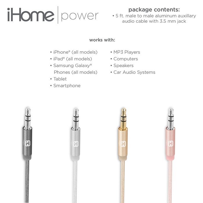 iHome - 5' Aluminum Braided Audio Aux Cable &ndash; 3.5mm 1/8&rdquo; Male to Male for Home & Car &ndash; iPhone, Android, Computer... N4