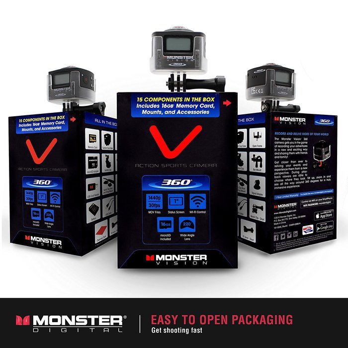 Monster Vision 360 Camera 1080p 60 fps Action Camera, 16GB MicroSD included, Ultra Wide Angle, WiFi Enabled [CAMVI... N11
