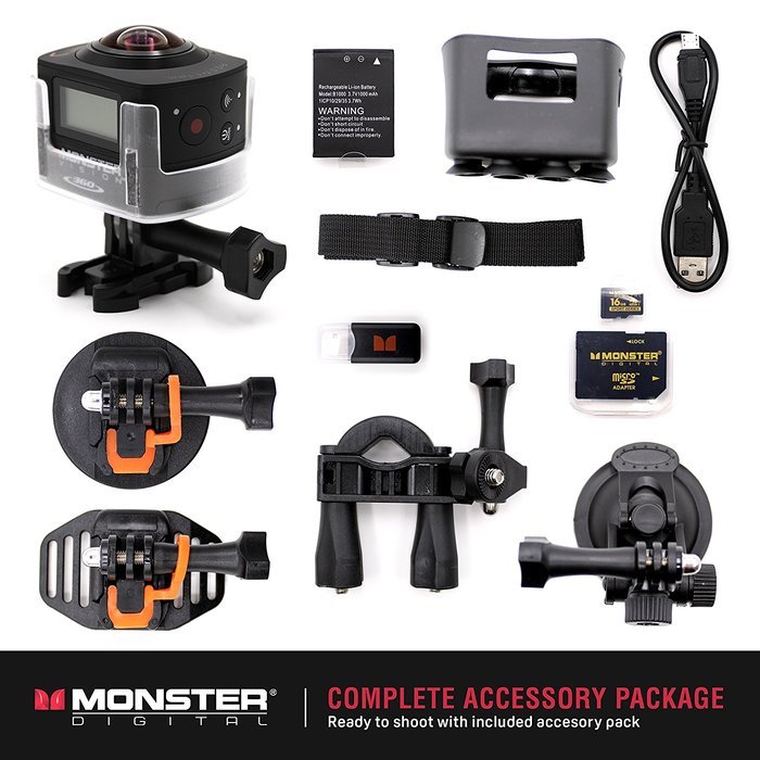 Monster Vision 360 Camera 1080p 60 fps Action Camera, 16GB MicroSD included, Ultra Wide Angle, WiFi Enabled [CAMVI... N12