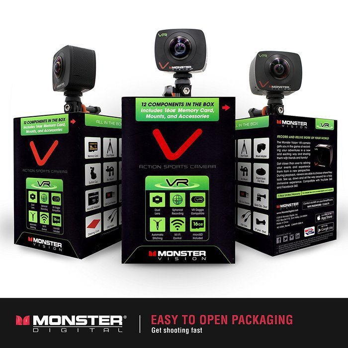 Monster Vision 360 Camera 1080p 60 fps Action Camera, 16GB MicroSD included, Ultra Wide Angle, WiFi Enabled [CAMVI... N14
