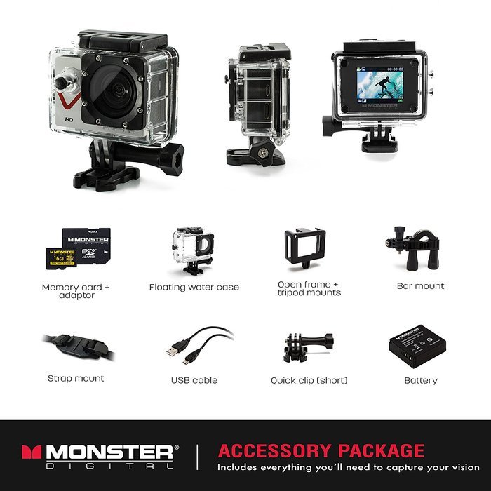 Monster Vision 360 Camera 1080p 60 fps Action Camera, 16GB MicroSD included, Ultra Wide Angle, WiFi Enabled [CAMVI... N16