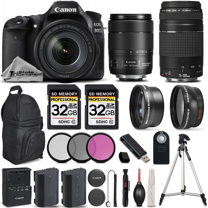 Canon EOS 80D Wi-Fi Full HD 1080P Digital SLR Camera + Canon 18-135mm IS USM + Canon 75-300mm III + 0.43Wide Angle...
