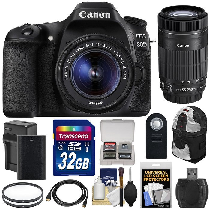 Canon EOS 80D Wi-Fi Digital SLR Camera & EF-S 18-55mm IS STM with 55-250mm IS STM Lens + 32GB Card + Battery &... N2